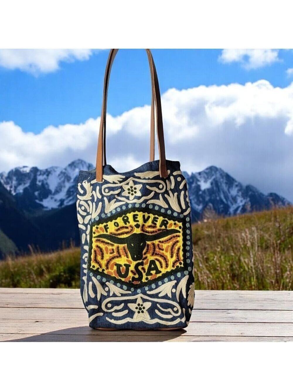 Karma Living Embroidered Tote – "Forever USA" Western Folk Art Design
